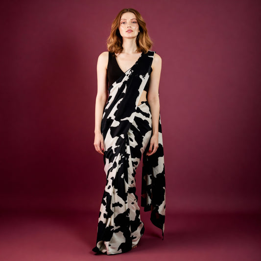 Black and White Cow Printed Silk Blend Saree new
