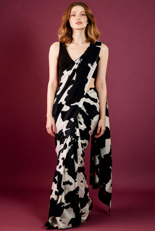 Black and White Cow Printed Silk Blend Saree new