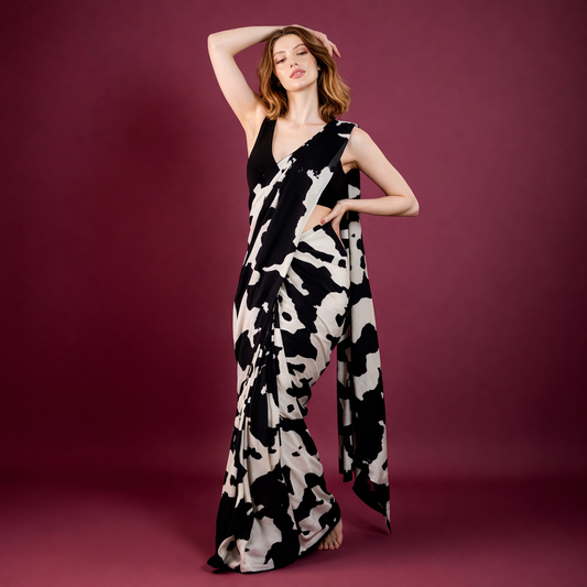 Black and White Cow Printed Silk Blend Saree new