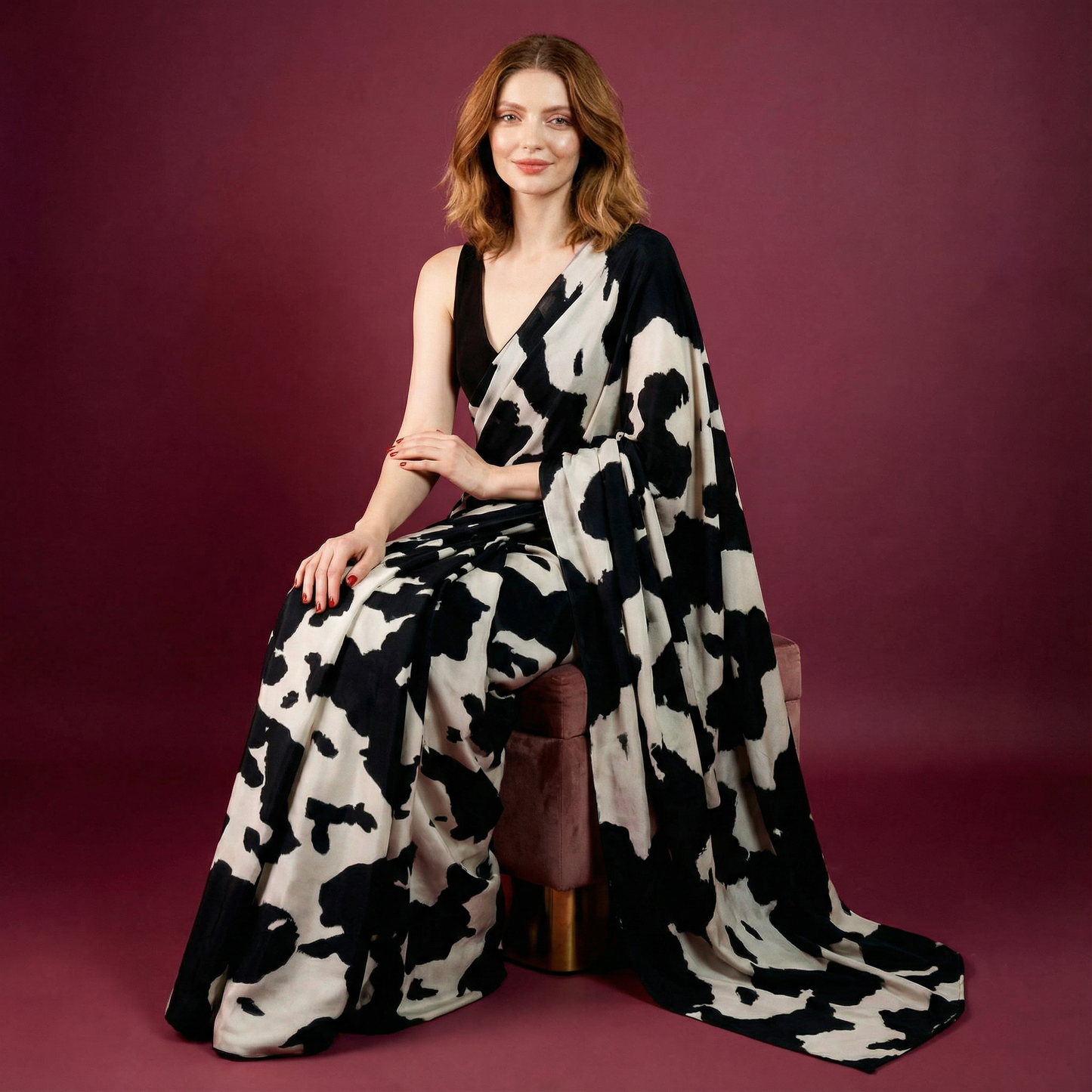 Black and White Cow Printed Silk Blend Saree new