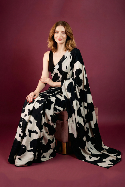 Black and White Cow Printed Silk Blend Saree new
