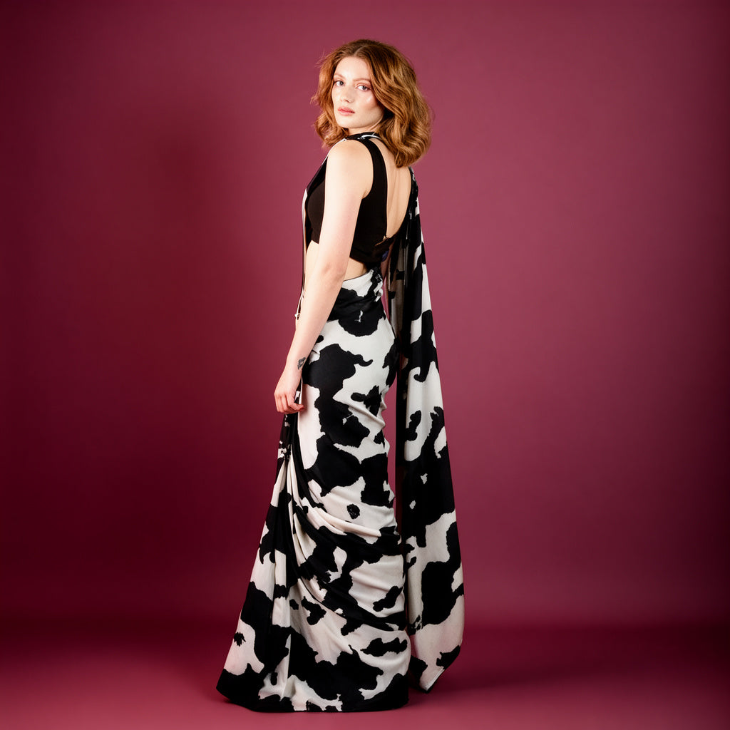 Black and White Cow Printed Silk Blend Saree new