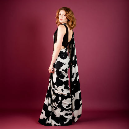 Black and White Cow Printed Silk Blend Saree new