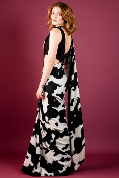Black and White Cow Printed Silk Blend Saree new