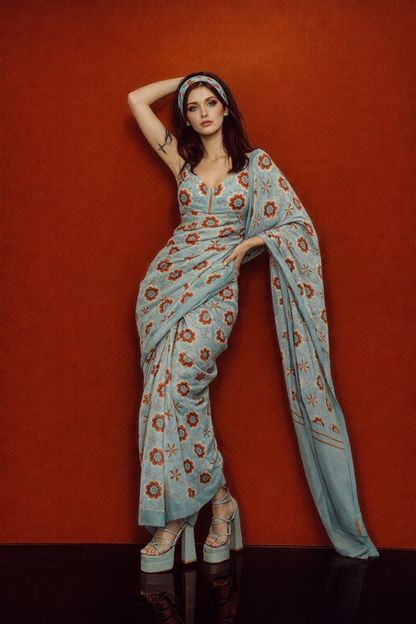 Pastel Blue Floral Printed Silk Blend Saree