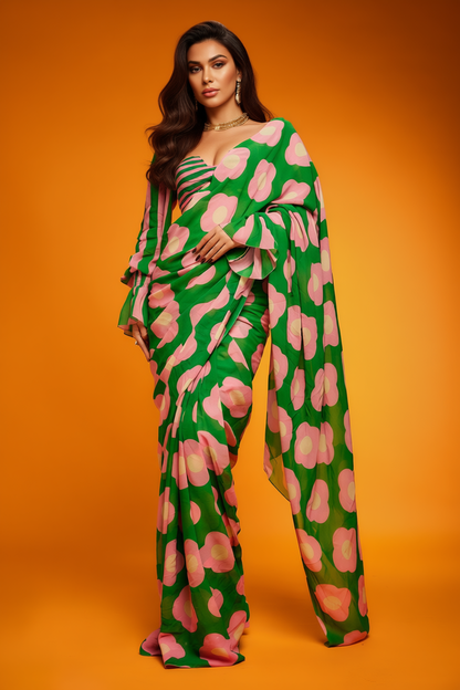 Green and Pink Floral Printed Silk Blend Saree