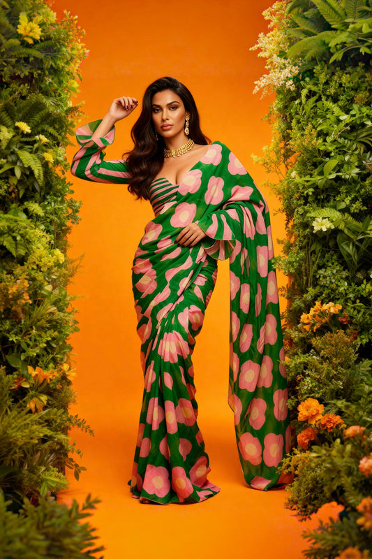Green and Pink Floral Printed Silk Blend Saree