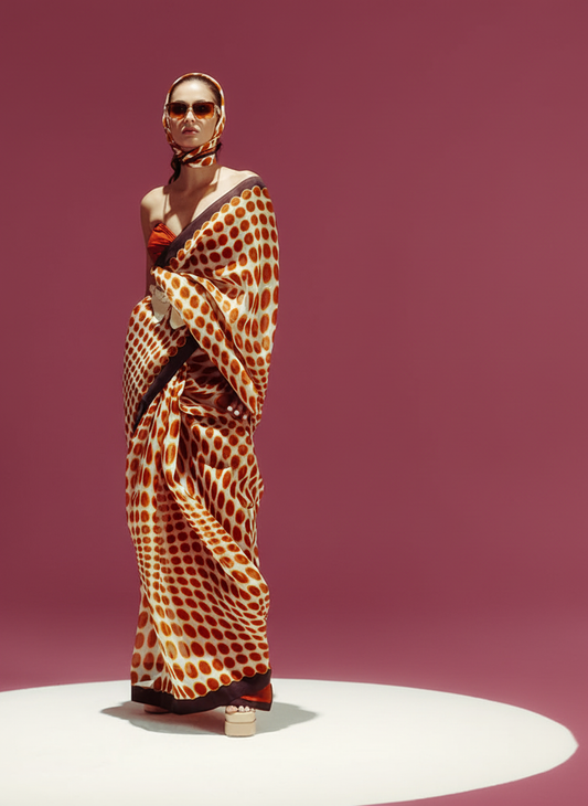 Cream and Red Polka Dot Silk Blend Saree