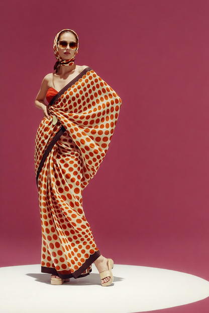 Cream and Red Polka Dot Silk Blend Saree