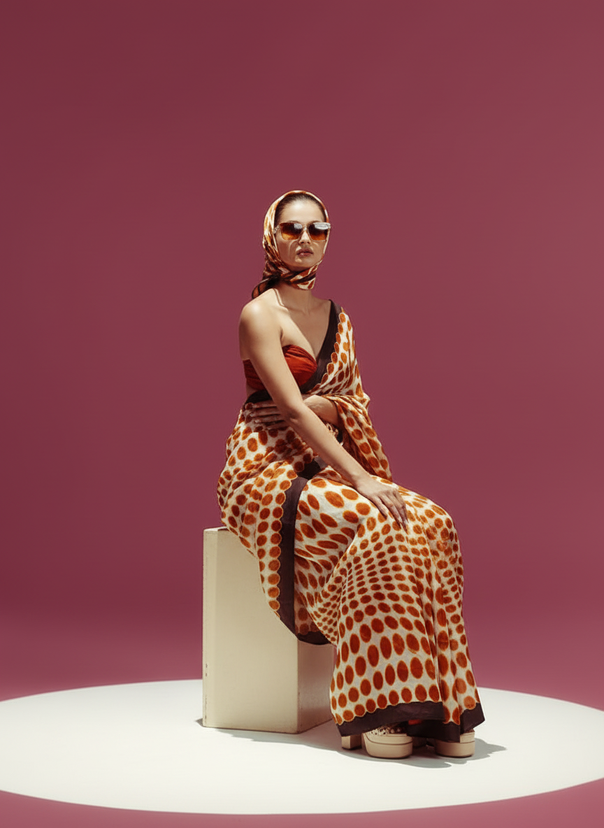 Cream and Red Polka Dot Silk Blend Saree