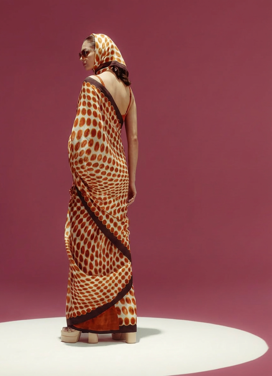 Cream and Red Polka Dot Silk Blend Saree