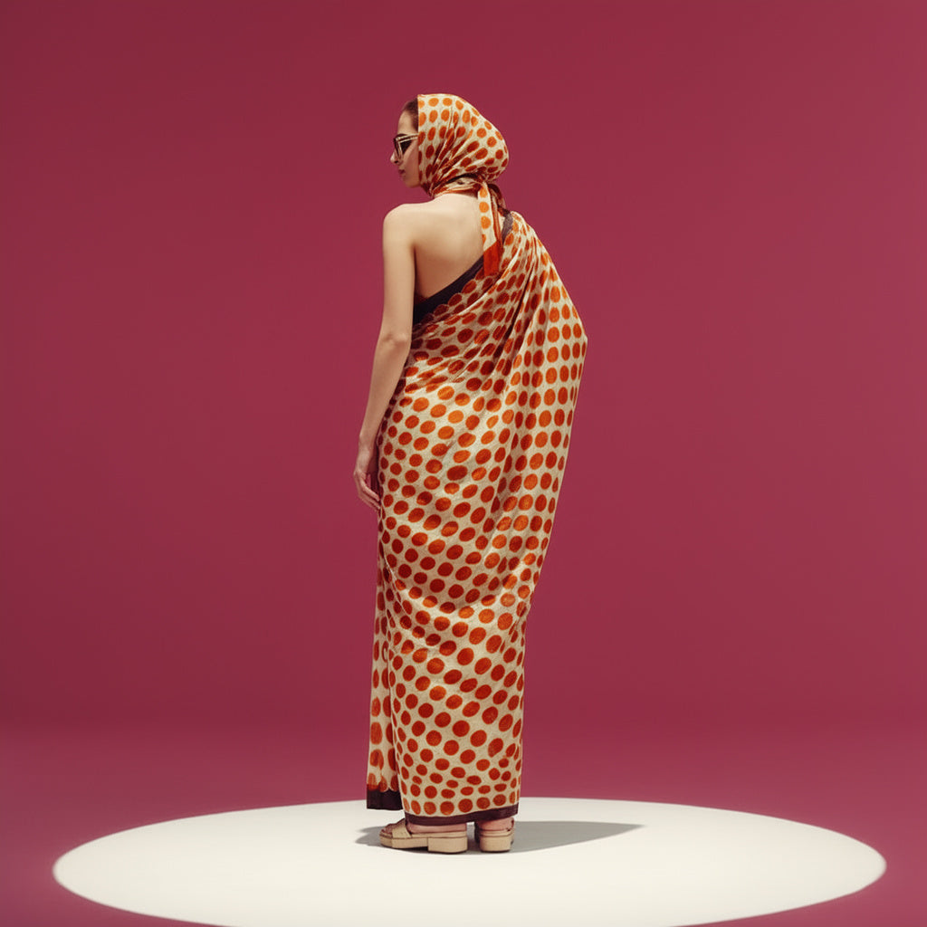 Cream and Red Polka Dot Silk Blend Saree