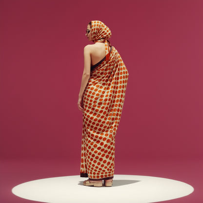 Cream and Red Polka Dot Silk Blend Saree