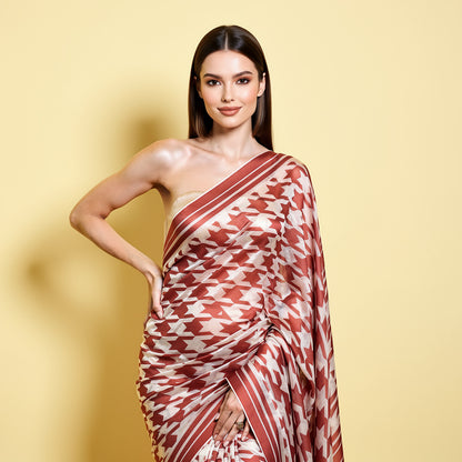 Maroon and Cream Geometric Printed Silk Blend Saree