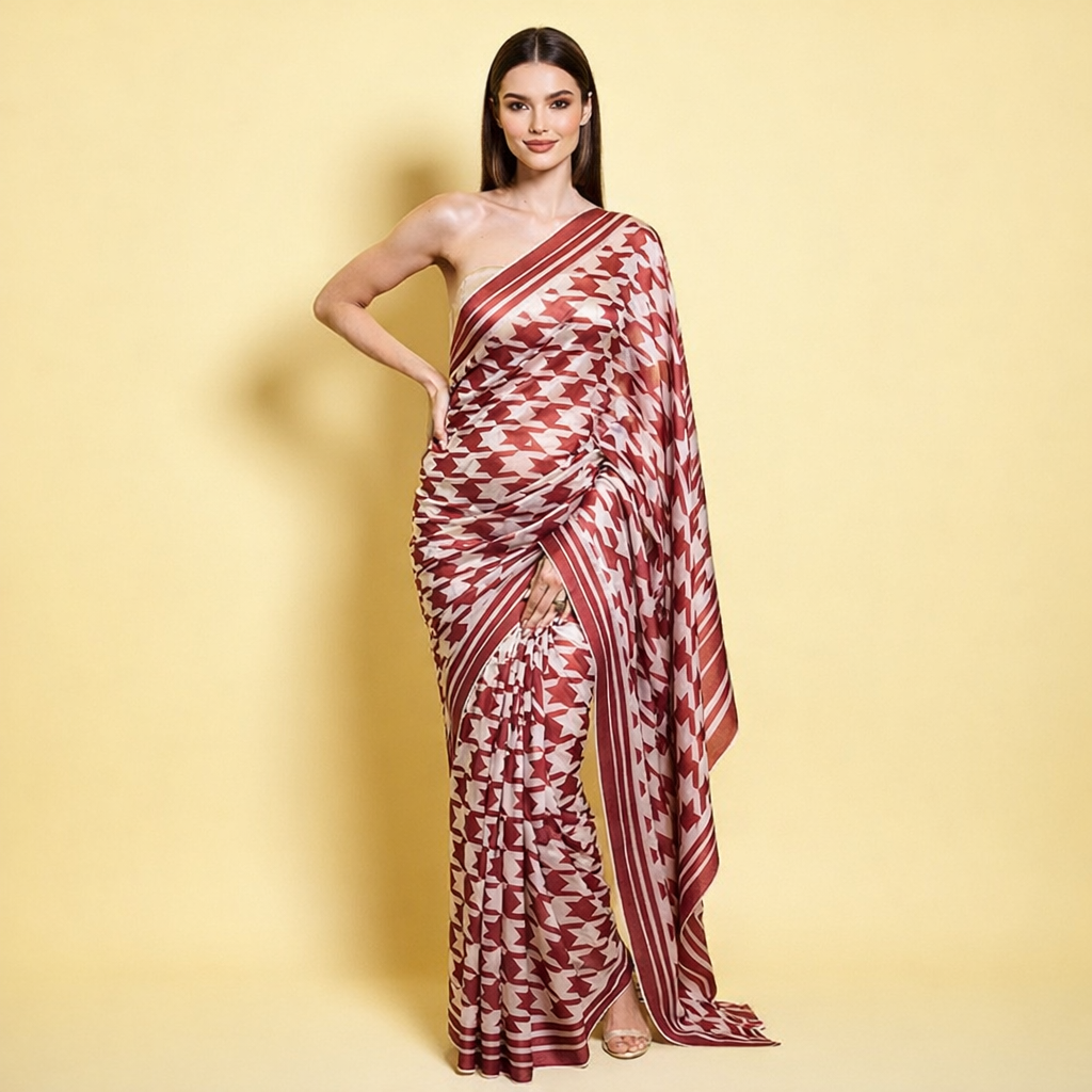 Maroon and Cream Geometric Printed Silk Blend Saree