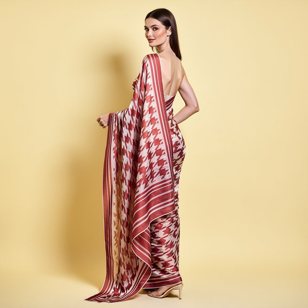 Maroon and Cream Geometric Printed Silk Blend Saree