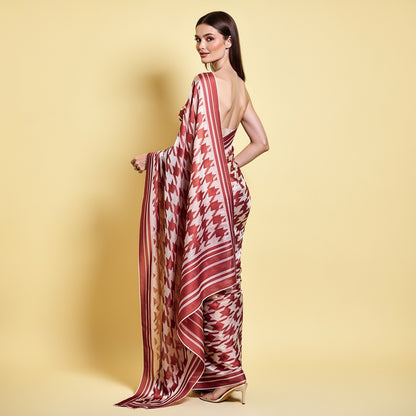 Maroon and Cream Geometric Printed Silk Blend Saree