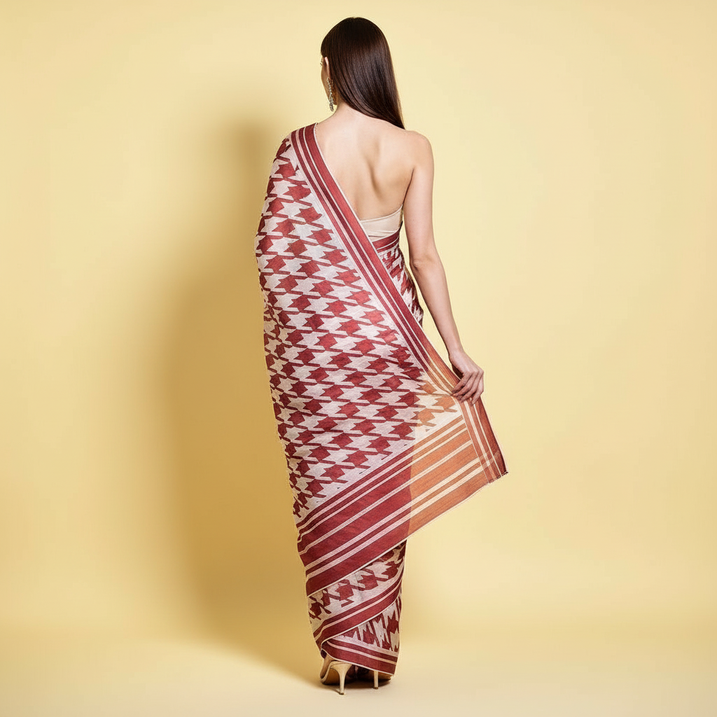 Maroon and Cream Geometric Printed Silk Blend Saree