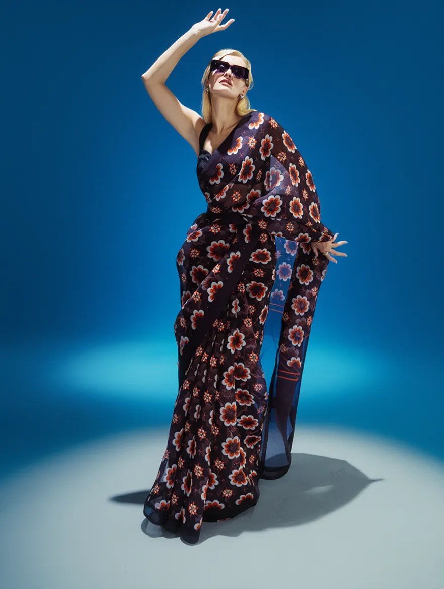 Dark Purple Floral Printed Silk Blend Saree