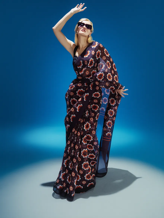 Dark Purple Floral Printed Silk Blend Saree