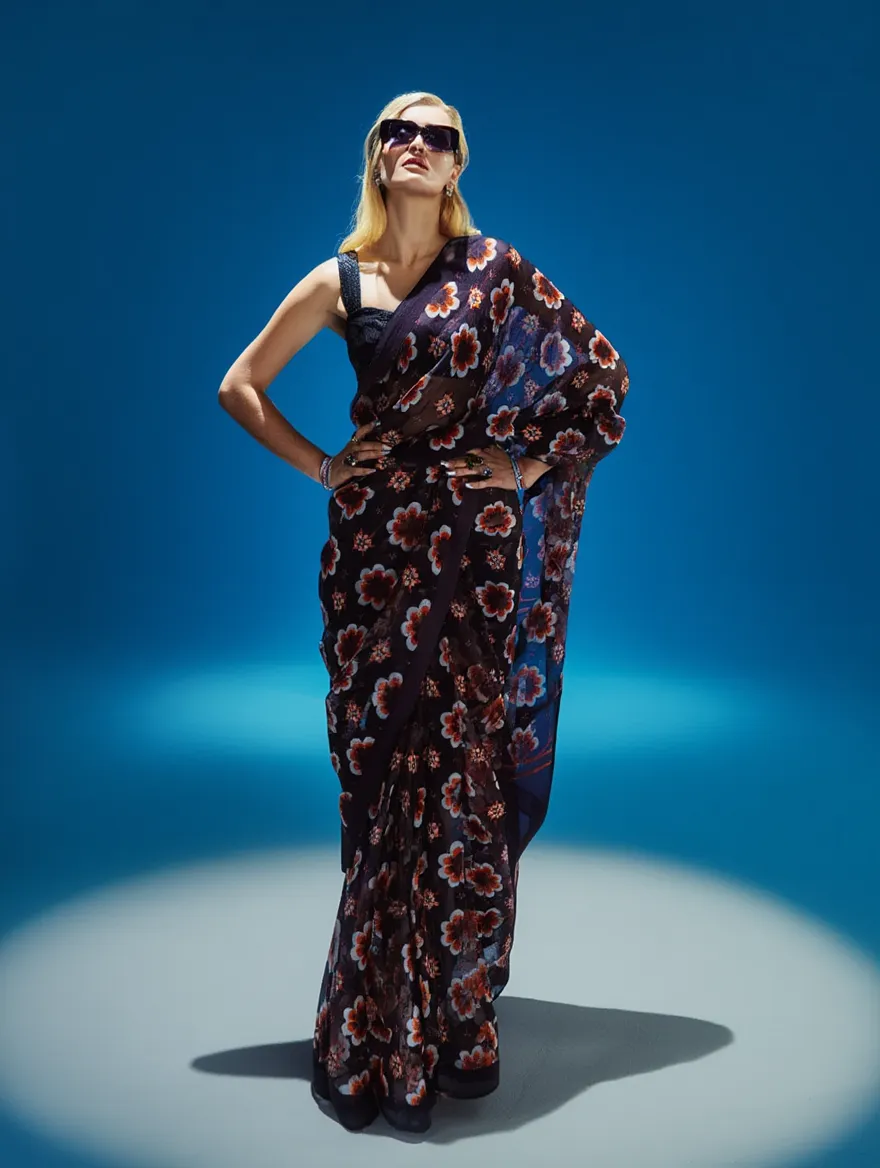 Dark Purple Floral Printed Silk Blend Saree