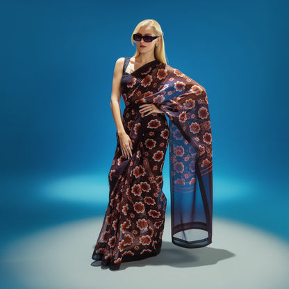 Dark Purple Floral Printed Silk Blend Saree