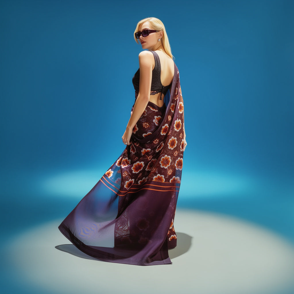 Dark Purple Floral Printed Silk Blend Saree