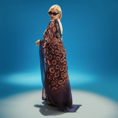 Dark Purple Floral Printed Silk Blend Saree