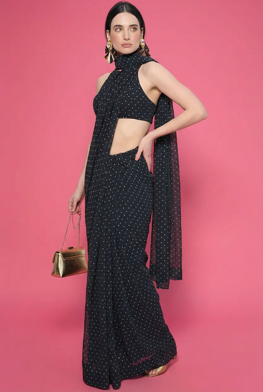Black Polka Dot Printed Saree