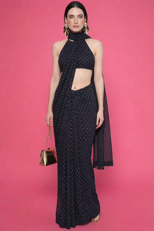 Black Polka Dot Georgette Printed Saree
