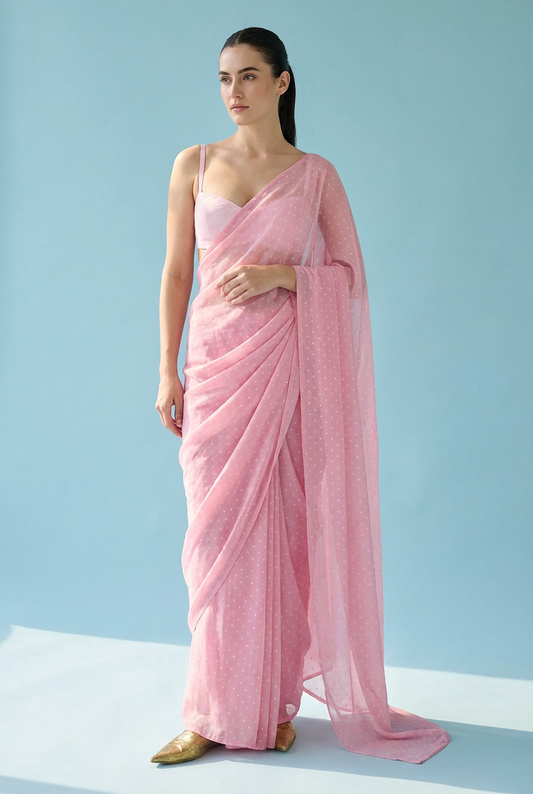 Premium Georgette Polka Dot Saree - Pink