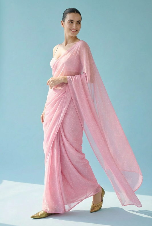Premium Georgette Polka Dot Saree - Pink