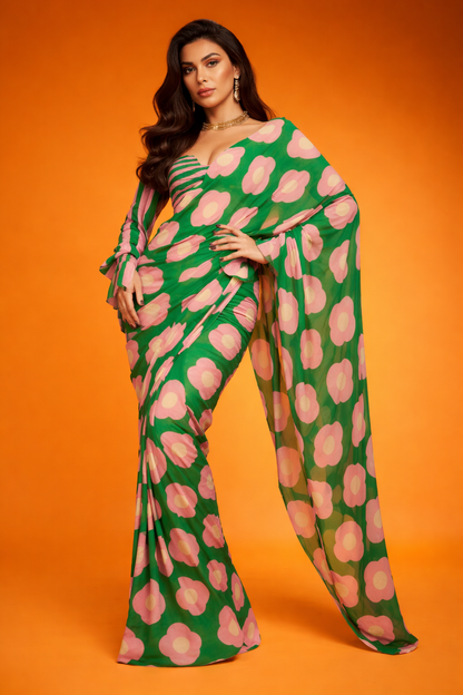 Green and Pink Floral Printed Silk Blend Saree