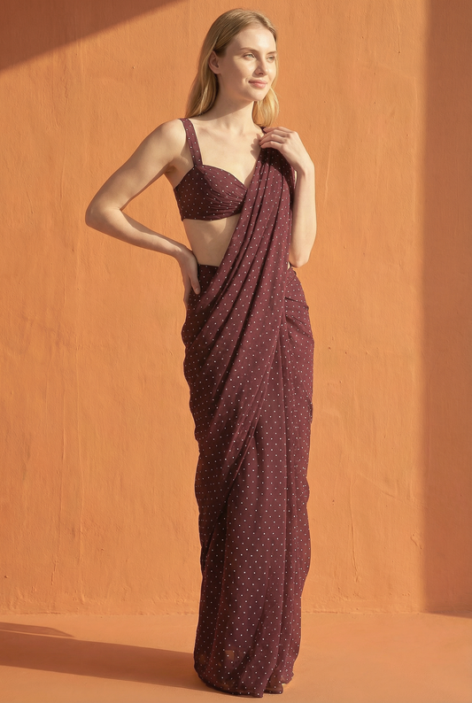 Brown Polka Dot Georgette Saree with Blouse