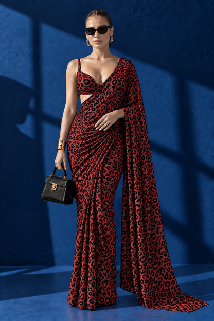 Red Dark Leopard Print Silk Blend Saree