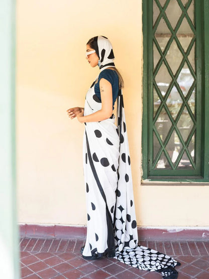 Black and White Polka Dot Saree - Contemporary Print with Unstitched Blouse