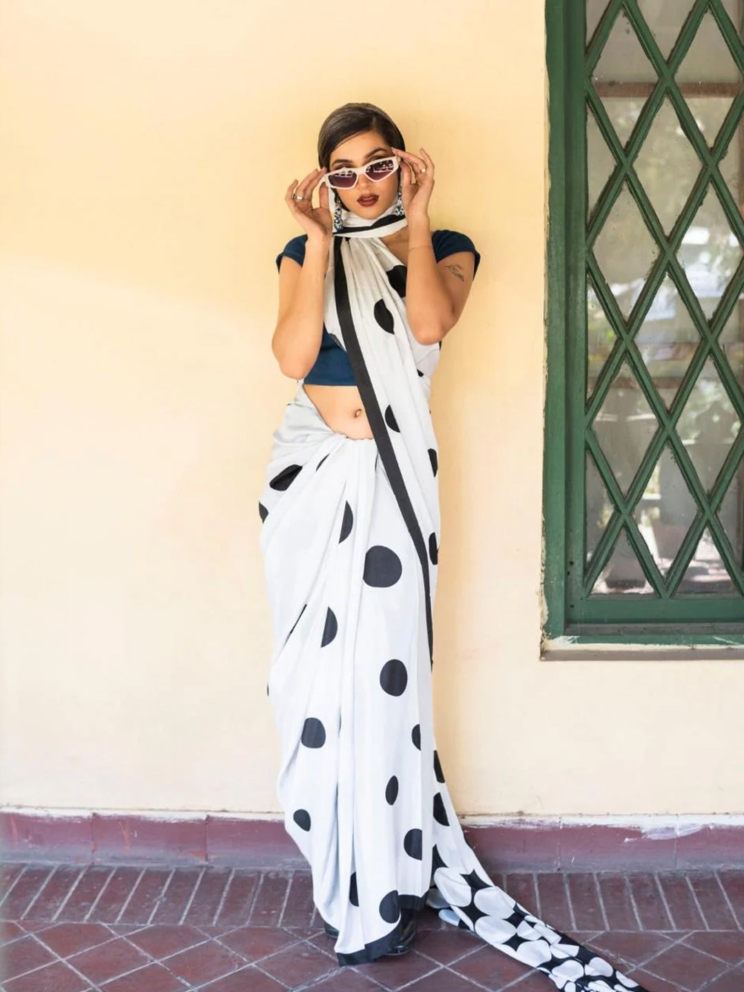 Black and White Polka Dot Saree - Contemporary Print with Unstitched Blouse