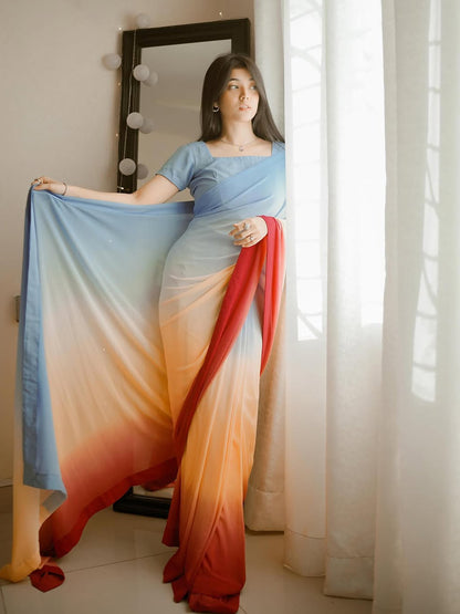 Blue to Red Ombre Saree - Premium Silk Blend with Matching Blouse Piece