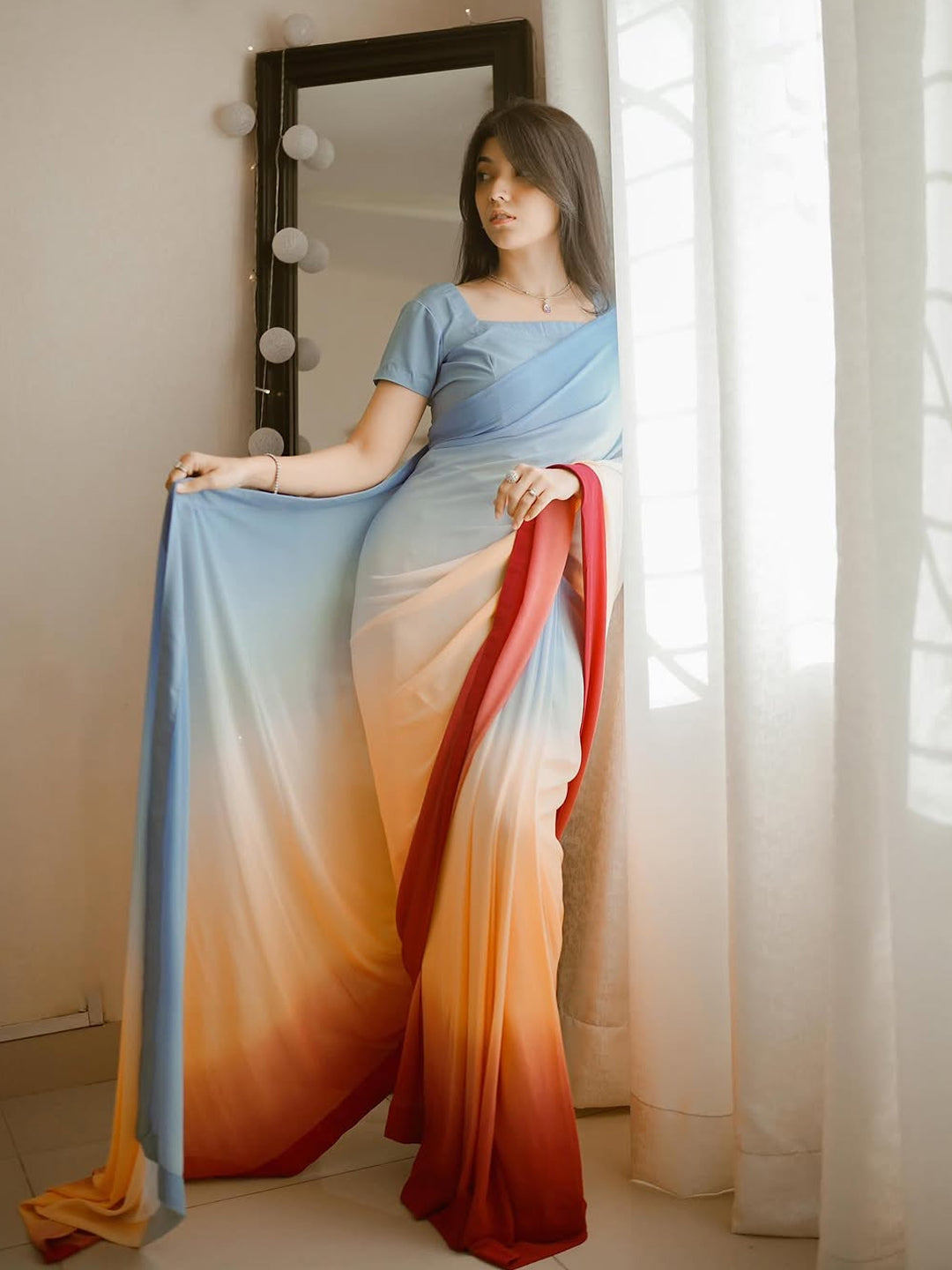 Blue to Red Ombre Saree - Premium Silk Blend with Matching Blouse Piece