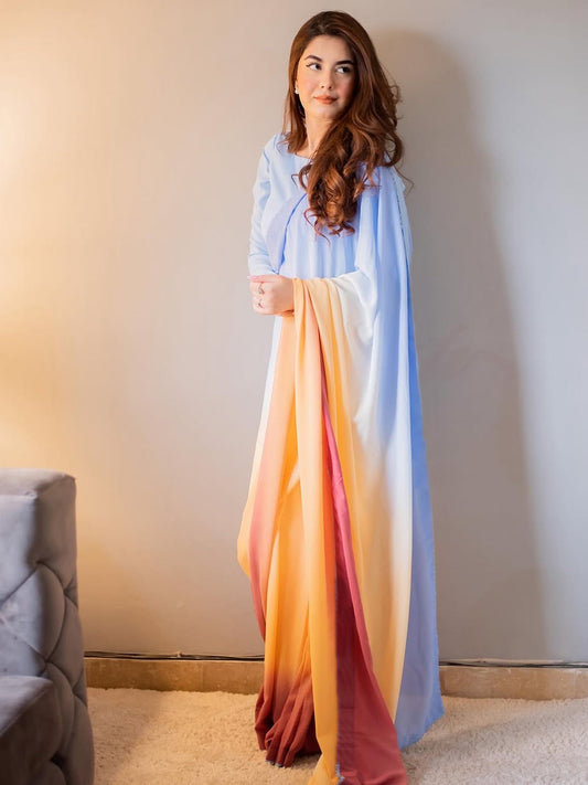 Blue to Pink Coral Ombre Saree - Dreamy Silk Blend with Unstitched Blouse