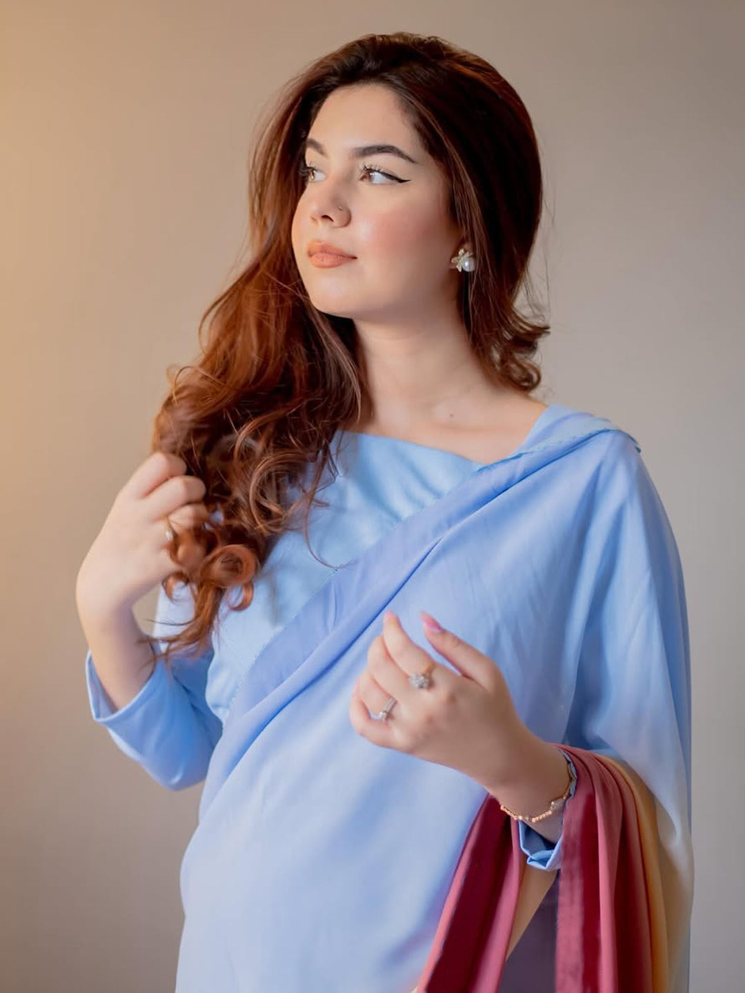 Blue to Pink Coral Ombre Saree - Dreamy Silk Blend with Unstitched Blouse