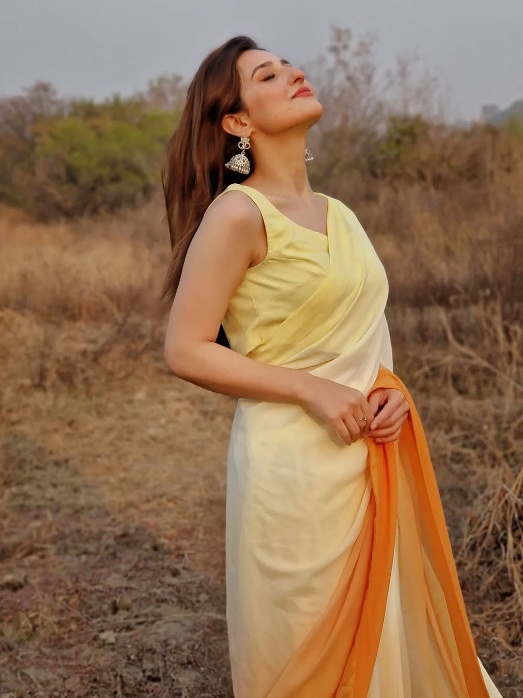 Lemon Yellow to Orange Ombre Saree - Elegant Gradient Silk Blend with Unstitched Blouse