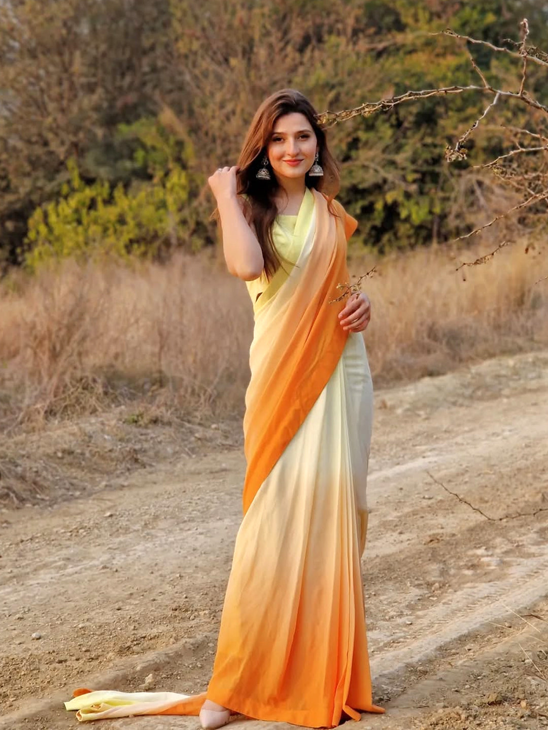 Lemon Yellow to Orange Ombre Saree - Elegant Gradient Silk Blend with Unstitched Blouse