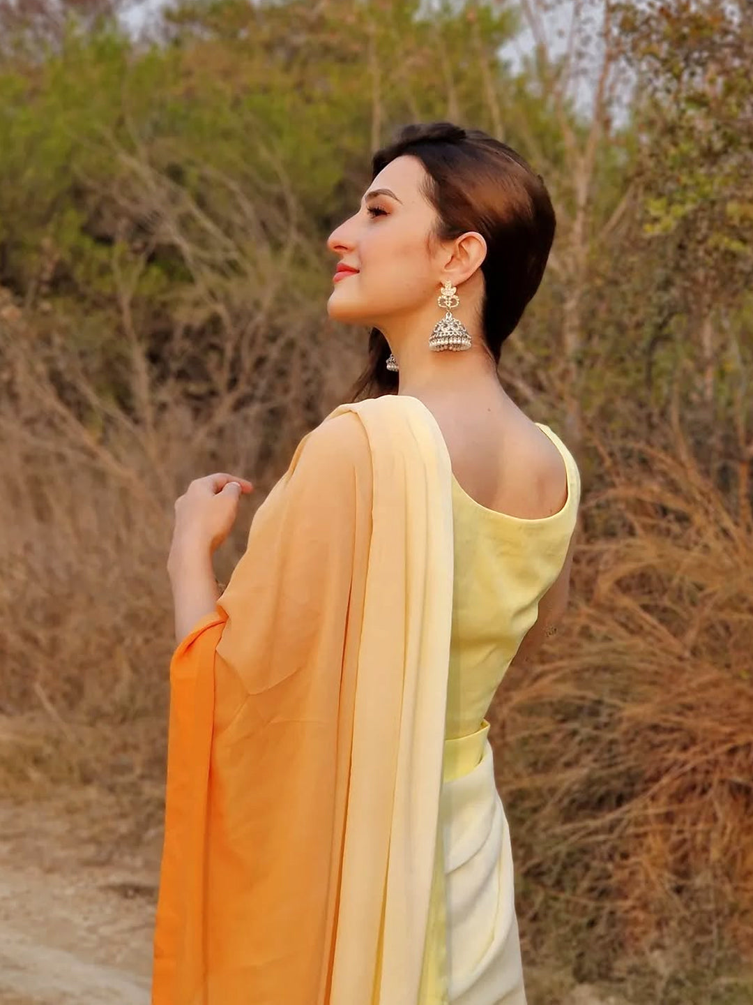 Lemon Yellow to Orange Ombre Saree - Elegant Gradient Silk Blend with Unstitched Blouse
