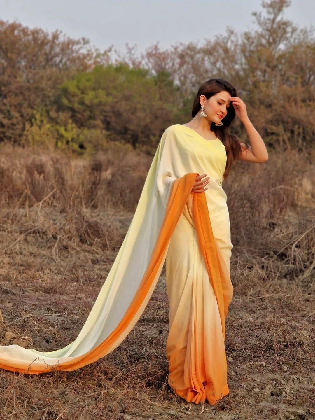 Lemon Yellow to Orange Ombre Saree - Elegant Gradient Silk Blend with Unstitched Blouse