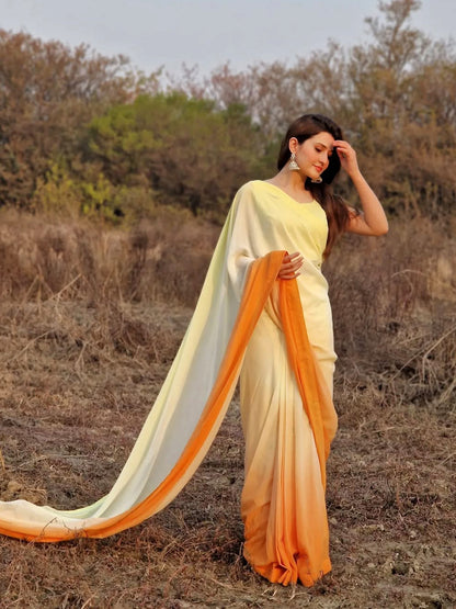 Lemon Yellow to Orange Ombre Saree - Elegant Gradient Silk Blend with Unstitched Blouse