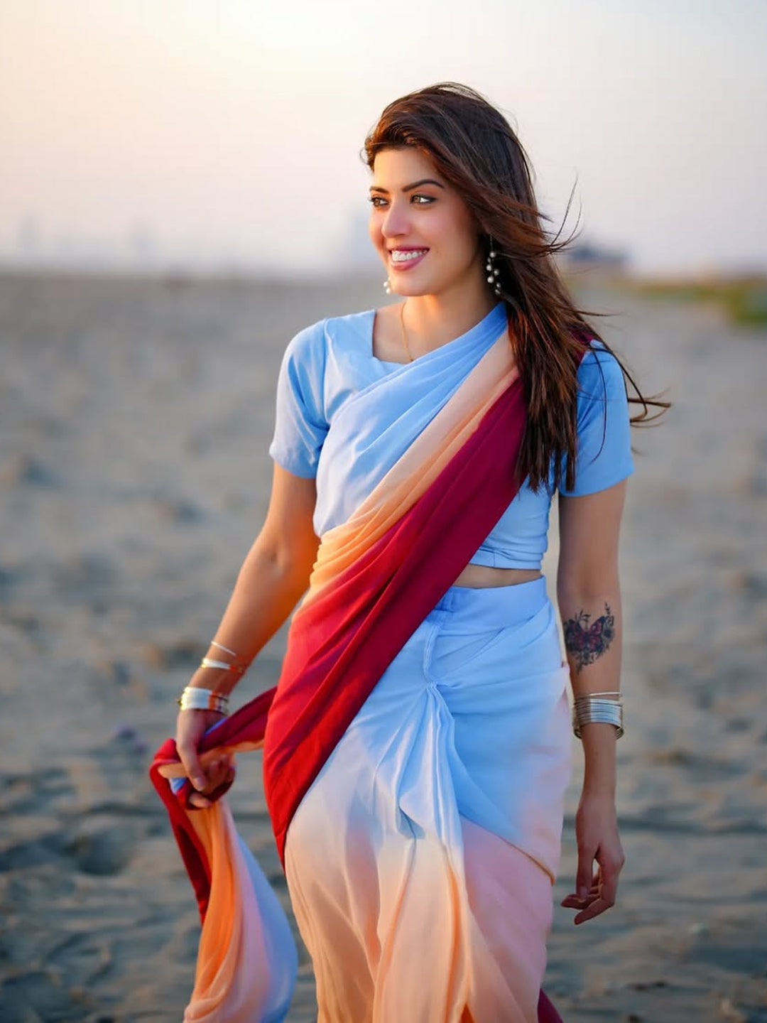 Multicolour Ombre Saree with Unstitched Blouse - Silk Blend 5.5m