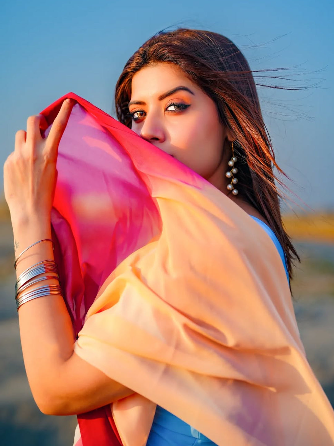 Multicolour Ombre Saree with Unstitched Blouse - Silk Blend 5.5m