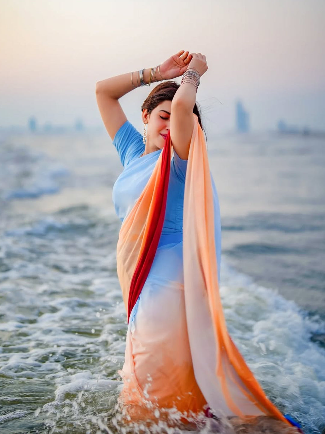 Multicolour Ombre Saree with Unstitched Blouse - Silk Blend 5.5m