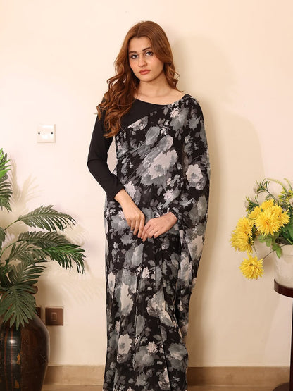 Black Grey Floral Silk Blend Saree – Elegant Party Wear with Long Sleeves